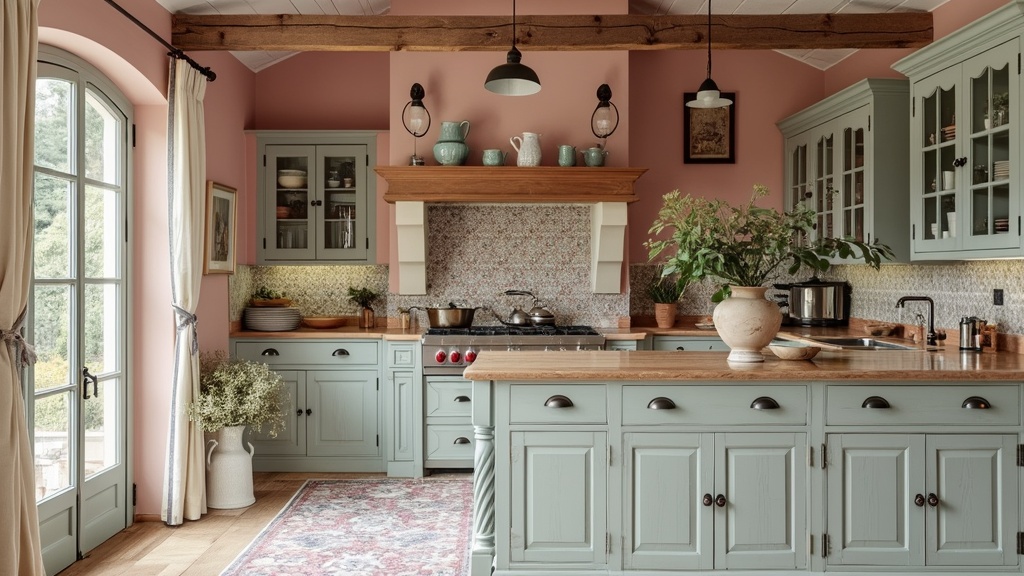 Coastal Provence kitchen with lavender blues, rosy pinks, wooden beams, mosaic tiles, and dried herbs.
