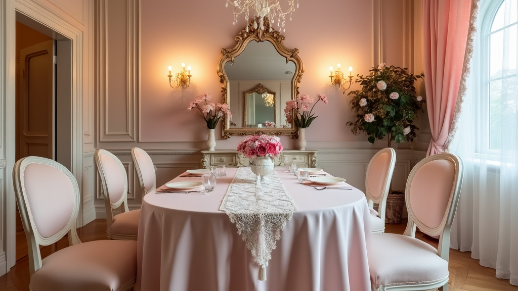Romantic dining area with blush and cream tones, vintage table, upholstered chairs, and ornate mirror.