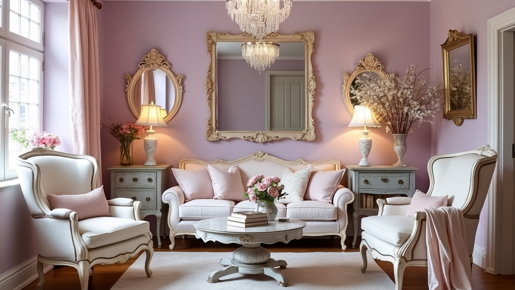 Romantic living room with lavender and ivory hues, lace fabrics, vintage furniture, and crystal chandelier.