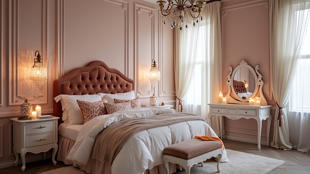 Romantic retreat bedroom with a canopy bed, soft whites and blush tones, vintage nightstands, and cozy decor.