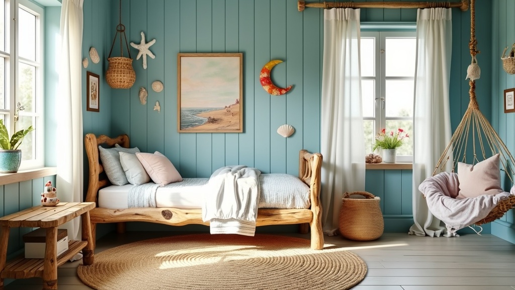 Coastal children's room with weathered wood, soft blues, hammock, seashell decor, and bright natural light.
