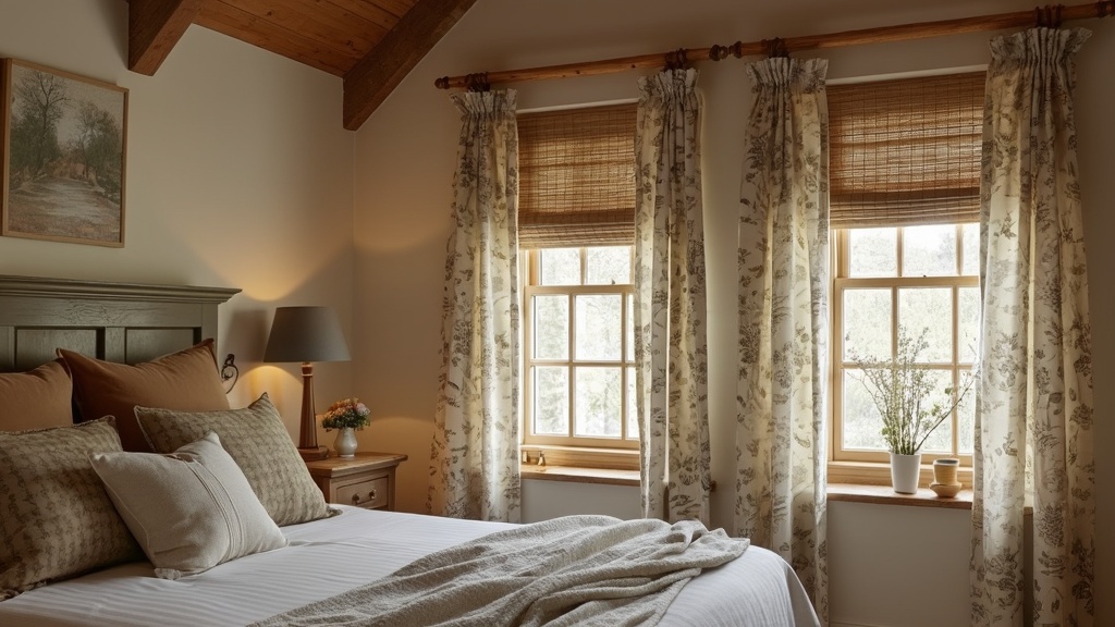 Rustic bedroom with linen curtains, wooden blinds, and warm lighting for a cozy, serene atmosphere.