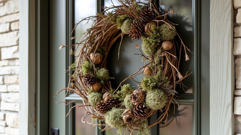 A rustic wreath of twigs, pinecones, and dried moss, accented with faux flowers, embodies spring charm.