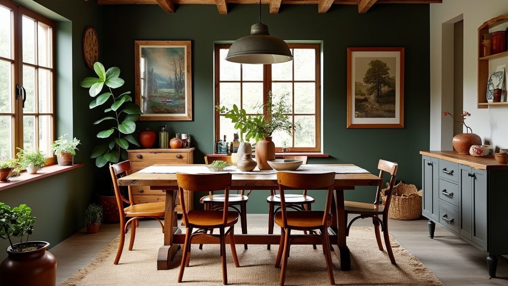 Rustic dining room with reclaimed wood table, vintage chairs, earthy colors, handmade pottery, and plants.