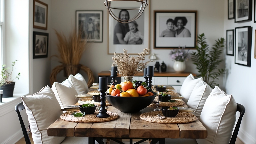 Rustic dining room with reclaimed wood table, black-and-white decor, family photos, and seasonal fruits.