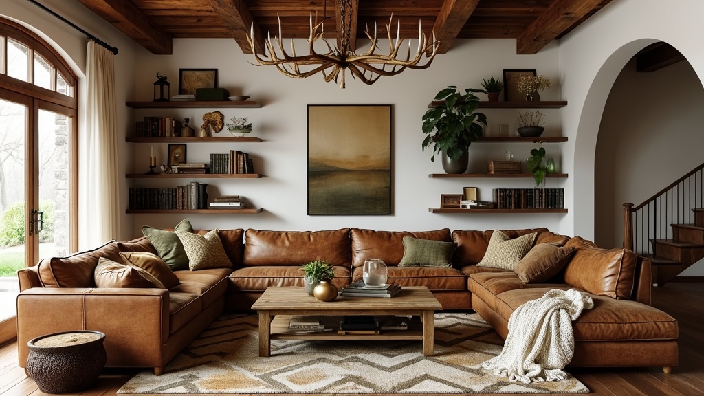 Cozy Rustic Charm living room with reclaimed wood, leather sofa, vintage coffee table, and antler chandelier.