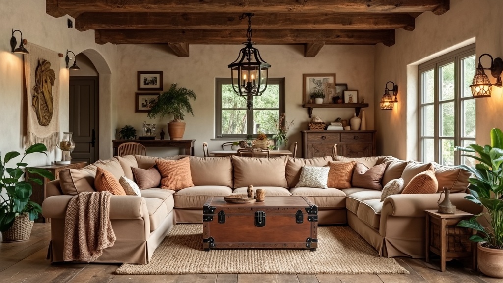 Rustic living room featuring reclaimed wood, earthy tones, a beige sectional, and cozy decorative elements.