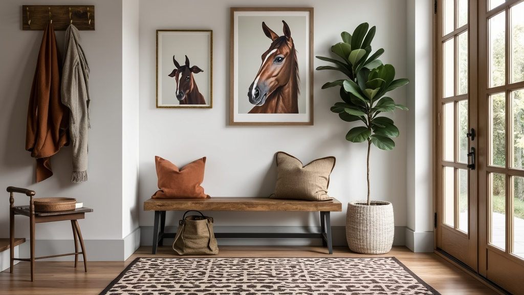 Rustic entryway featuring reclaimed wood bench, modern coat rack, earthy tones, geometric rug, and art.