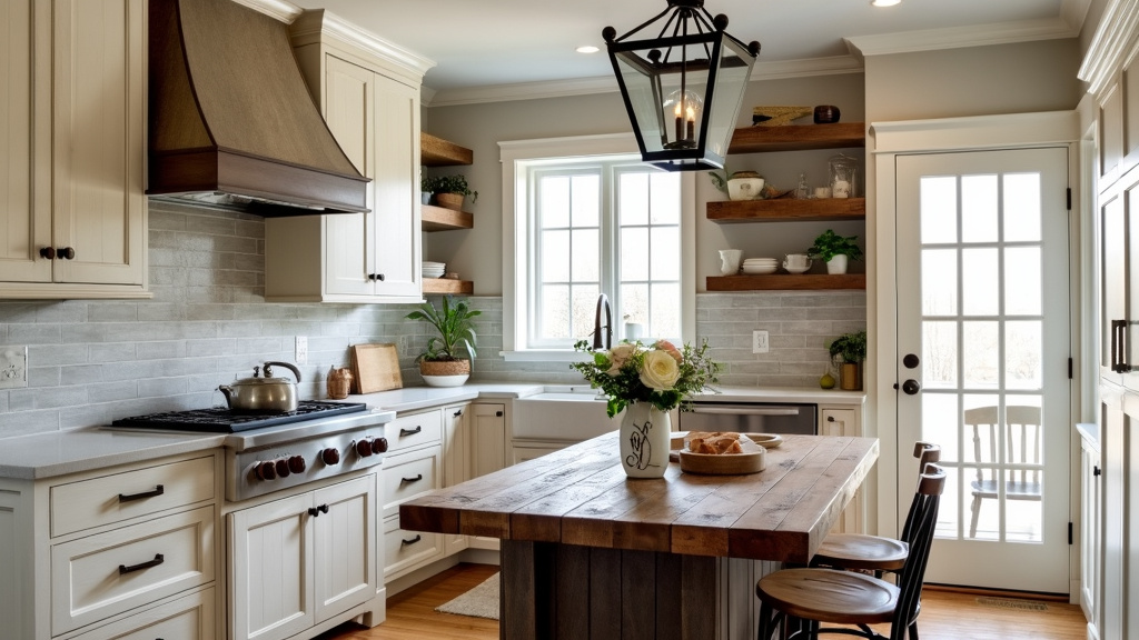 Rustic kitchen design with antique white cabinetry, bronze hardware, stone backsplash, quartz countertops, and farmhouse sink.