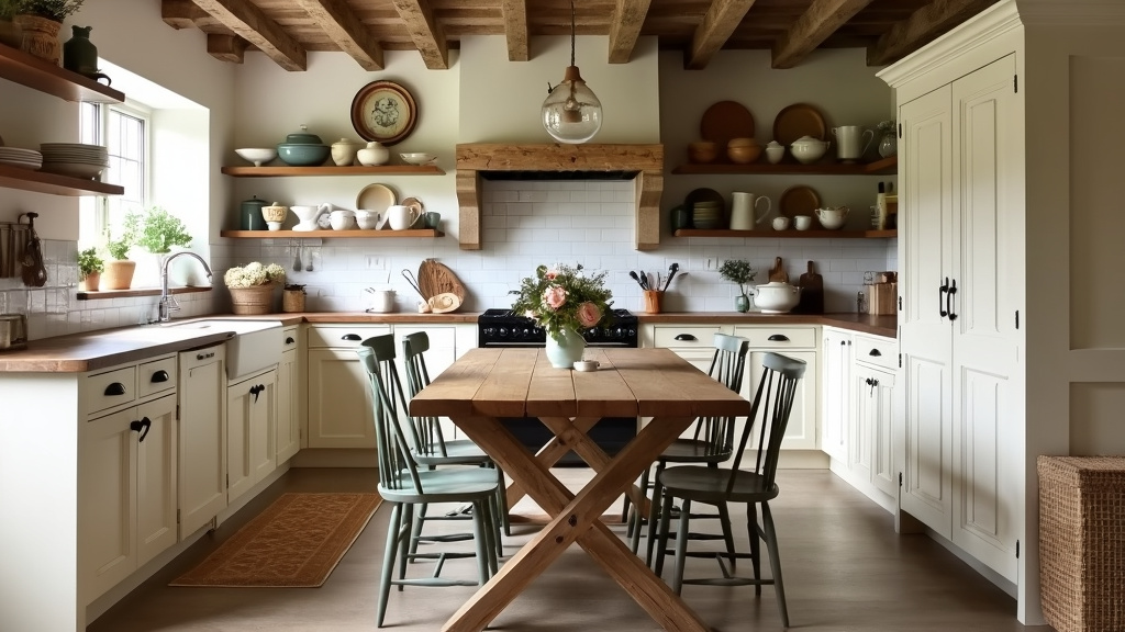 A rustic kitchen with reclaimed wood cabinetry, vintage dishware, a farmhouse sink, and a dining table.