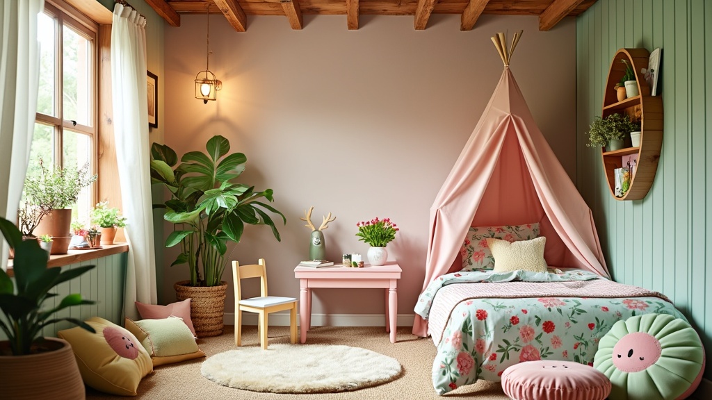 Colorful children's room with floral decor, whimsical bed, play table, faux plants, and cozy seating.