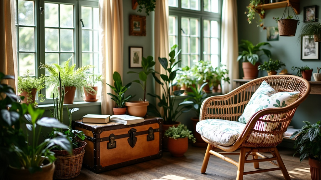 Rustic conservatory nook with a rattan chair, potted plants, and antique trunk, evoking countryside charm.