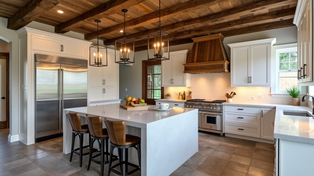 A rustic-modern kitchen with wood beams, white cabinetry, stainless steel appliances, and textured tiles.