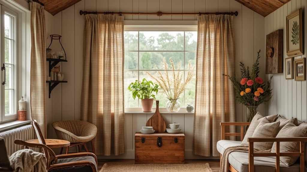 Crochet curtains in earth tones hang on wooden rods, enhancing a cozy farmhouse living room decor.