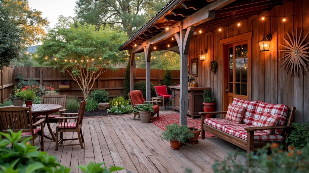 Backyard patio with rustic decor, reclaimed wood furniture, cozy seating, herb garden, and twinkle lights.