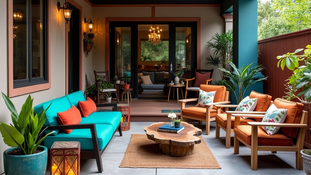 Eclectic rustic patio with wooden and concrete flooring, mismatched colorful seating, plants, and lanterns.