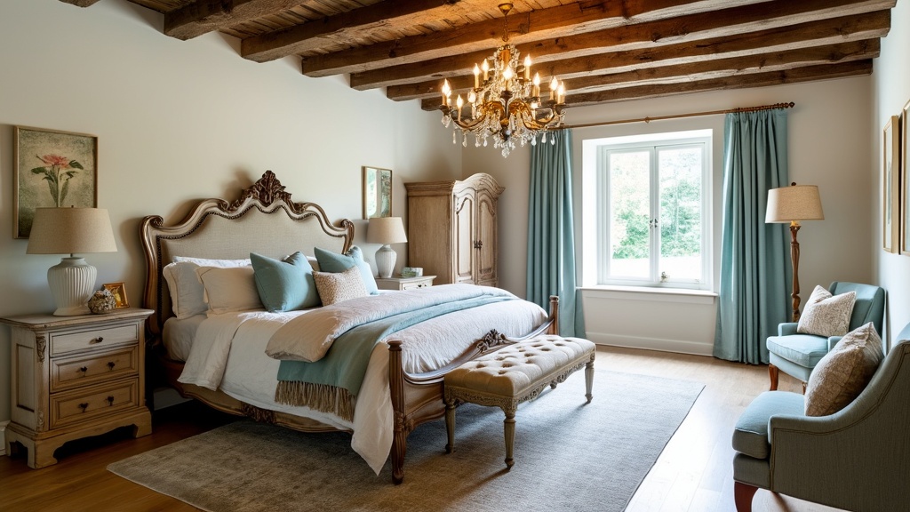 Rustic elegance bedroom with reclaimed wood beams, antique bed, pastel decor, and a charming chandelier.