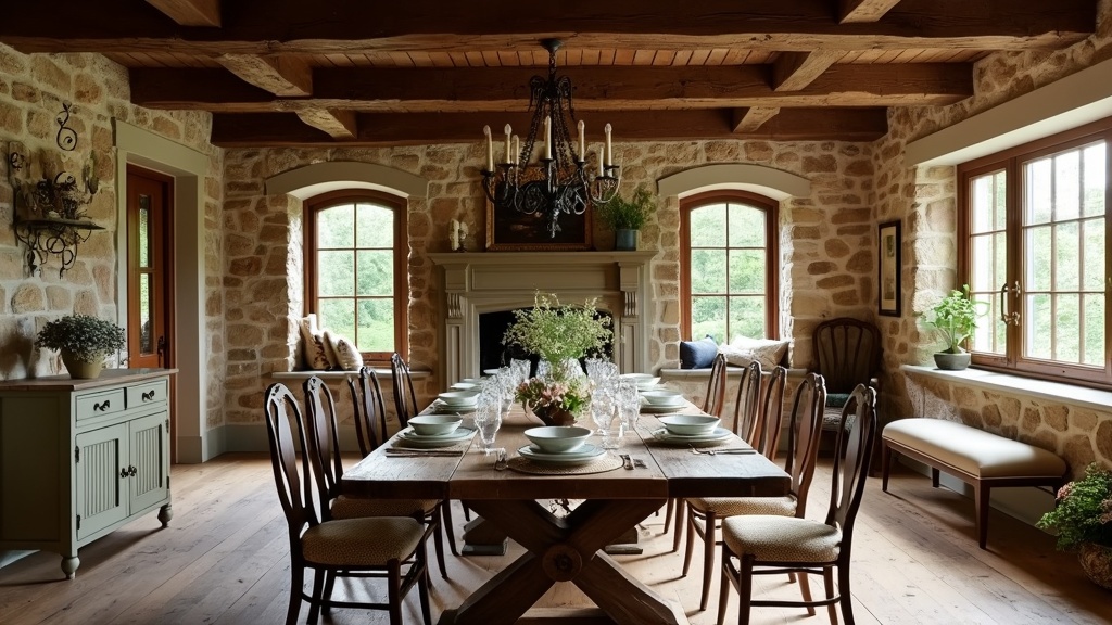 Rustic dining room with wooden beams, stone walls, reclaimed table, mismatched chairs, and vintage decor.