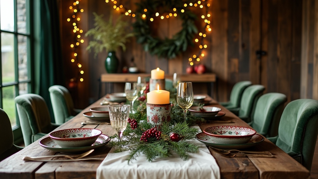 Rustic dining room with a reclaimed wood table, ivory linen runner, greenery, and vintage decor.