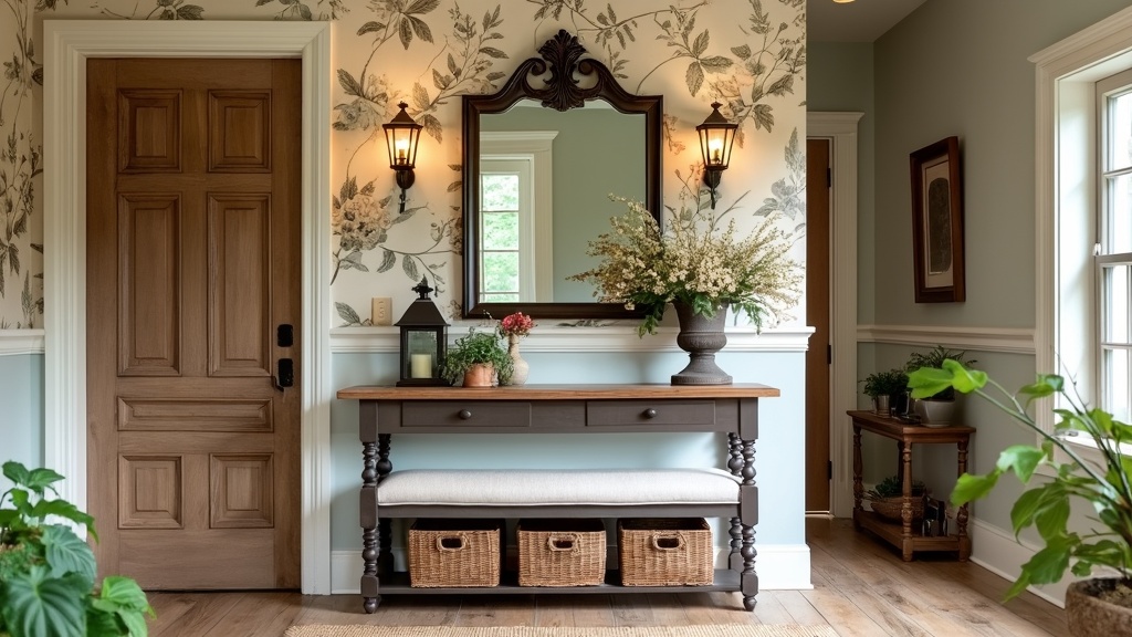 Rustic elegance entryway with reclaimed wood flooring, antique door, vintage wallpaper, and floral decor.