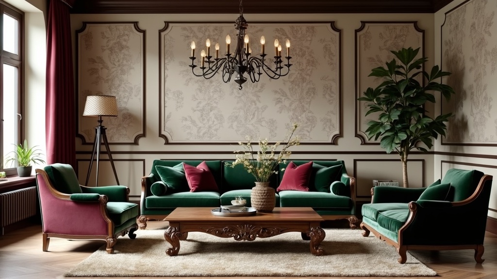Rustic elegance living room with floral wallpaper, velvet sofa, antique armchairs, and a vintage chandelier.