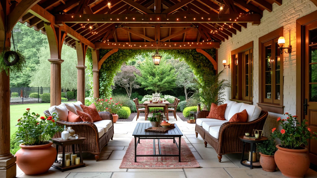 Victorian patio with warm woods, wicker furniture, herbs in pots, and twinkling lights for ambiance.