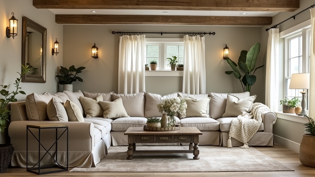Rustic farmhouse living room with reclaimed wood accents, soft linens, vintage decor, and potted plants.