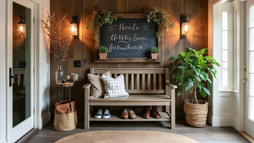 Cozy rustic farmhouse entryway with reclaimed wood, warm colors, chalkboard sign, plants, and decor.