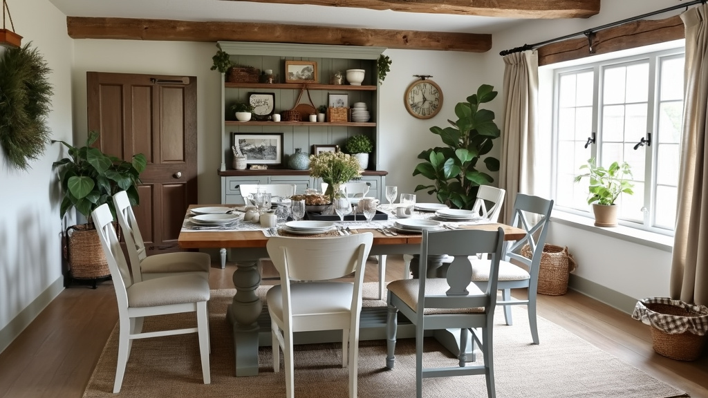 Rustic farmhouse dining setup with wooden table, mismatched chairs, and warm Shabby Chic decor.