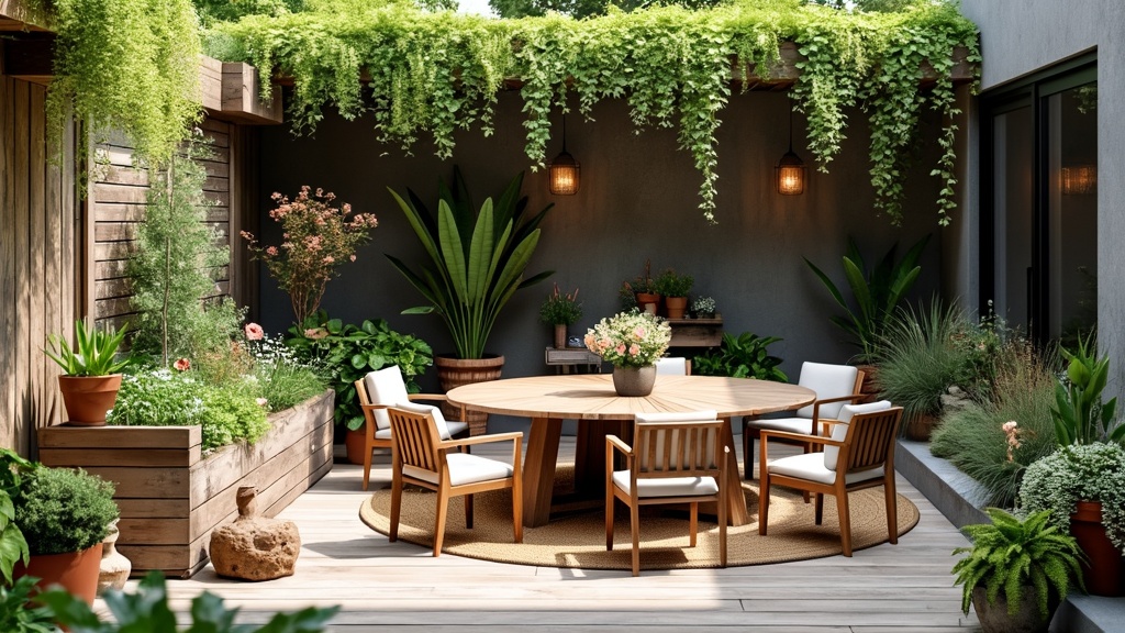 Rustic garden oasis with wood decking, reclaimed oak table, cushioned chairs, potted plants, and sculptures.