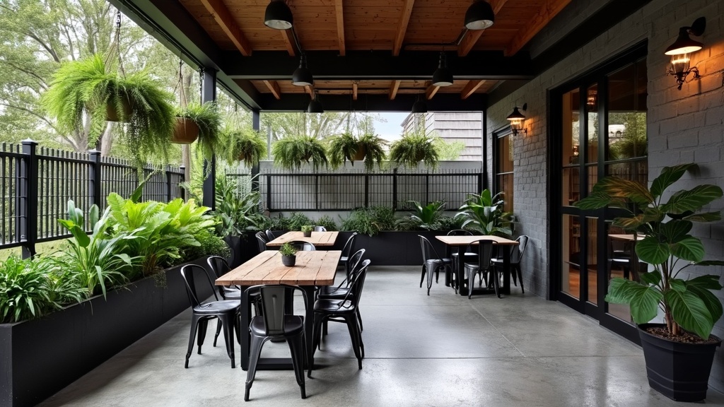 Rustic patio with industrial elements, featuring cement tiles, metal chairs, wood tables, and greenery.