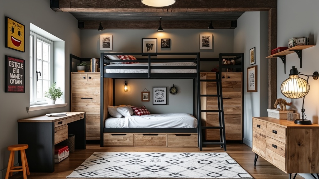 Rustic Industrial Children’s Room with gray walls, metal beams, loft bed, geometric rug, and vintage decor.