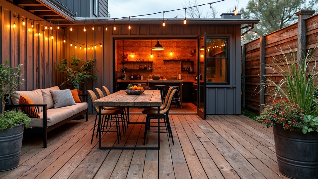 Rustic metal patio with reclaimed wood, oversized dining table, mismatched chairs, and cozy sofa.