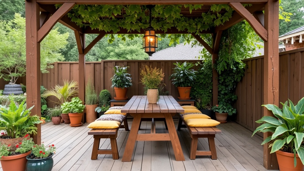 Charming picnic nook with rustic style, weathered planks, large table, benches, cushions, and arbor.