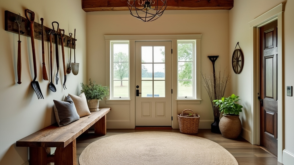 Rustic entryway featuring timber beams, cream walls, reclaimed wood bench, and vintage gardening tools.