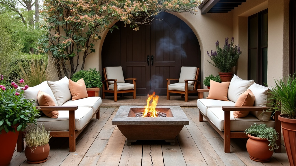 Rustic Revival Patio with reclaimed wood floor, oversized linen furniture, fire pit, and potted herbs.