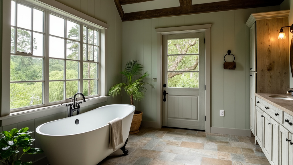 Farmhouse bathroom with muted greens, vintage fixtures, freestanding tub, and views of nature.