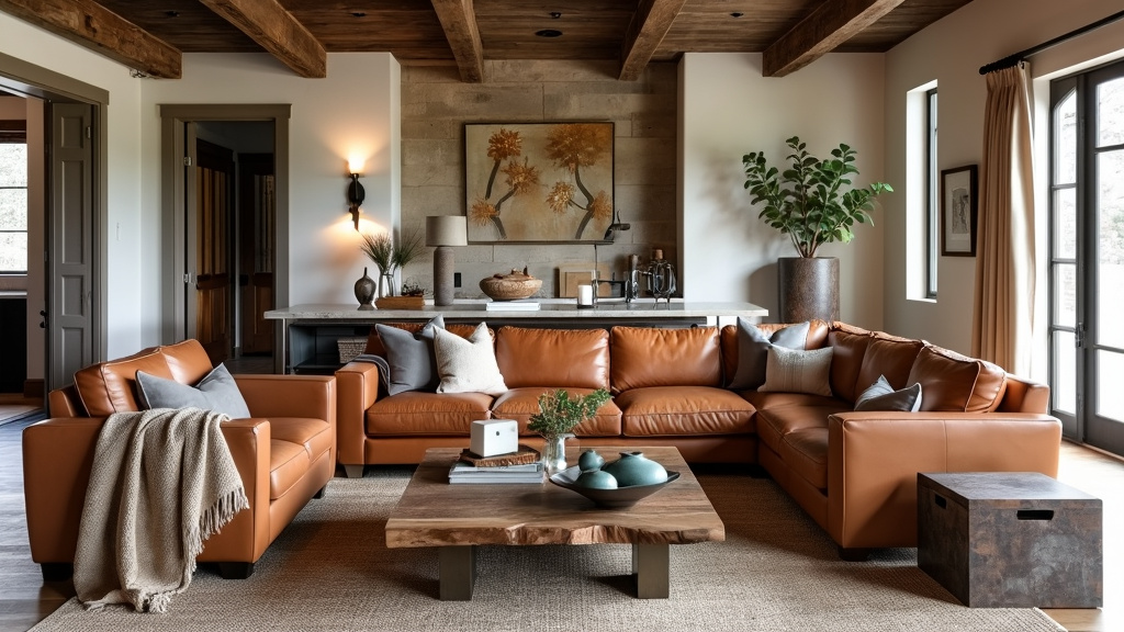 Living room design featuring a leather sofa, reclaimed wood table, exposed beams, and artisanal decor.