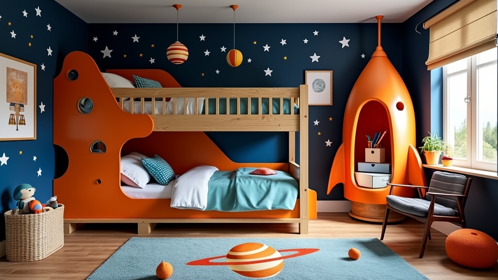 Children's room with navy walls, star decals, spaceship bunk bed, telescope nook, and solar system rug.