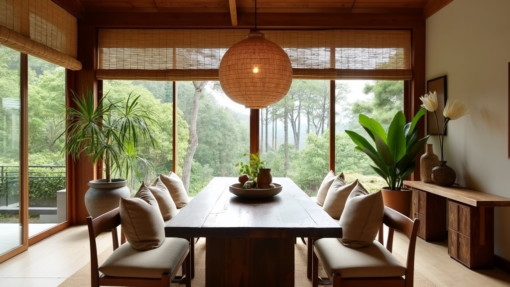 Rustic Zen Dining Room features a reclaimed wood table, soft color palette, and natural decor elements.