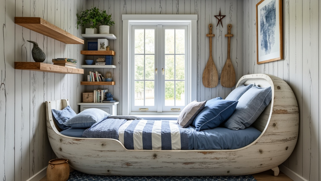 Nautical-themed retreat with ship-shaped bed, oar shelves, and serene navy and white decor.