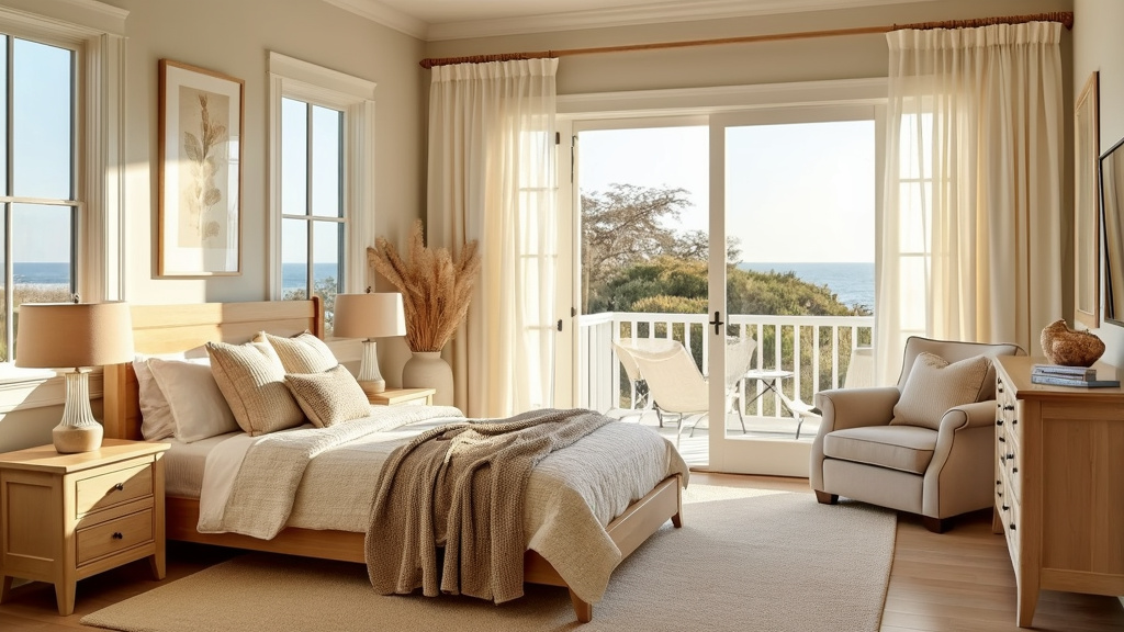 Cozy bedroom with warm beige tones, light wood furniture, and marine decor, evoking a beachy escape.