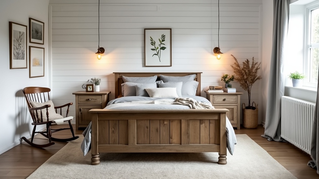 Scandifornian bedroom with white shiplap walls, vintage wooden bed, cozy reading corner, and warm decor.