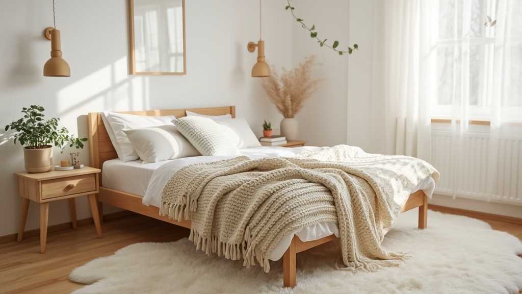 Scandinavian inspired bedroom with white walls, natural wood furniture, cozy textiles, and greenery accents.