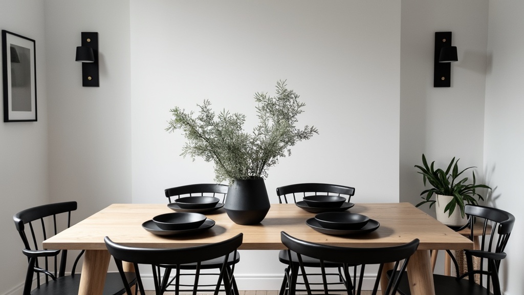 Scandinavian dining room with light oak table, black chairs, white walls, and black ceramic tableware.