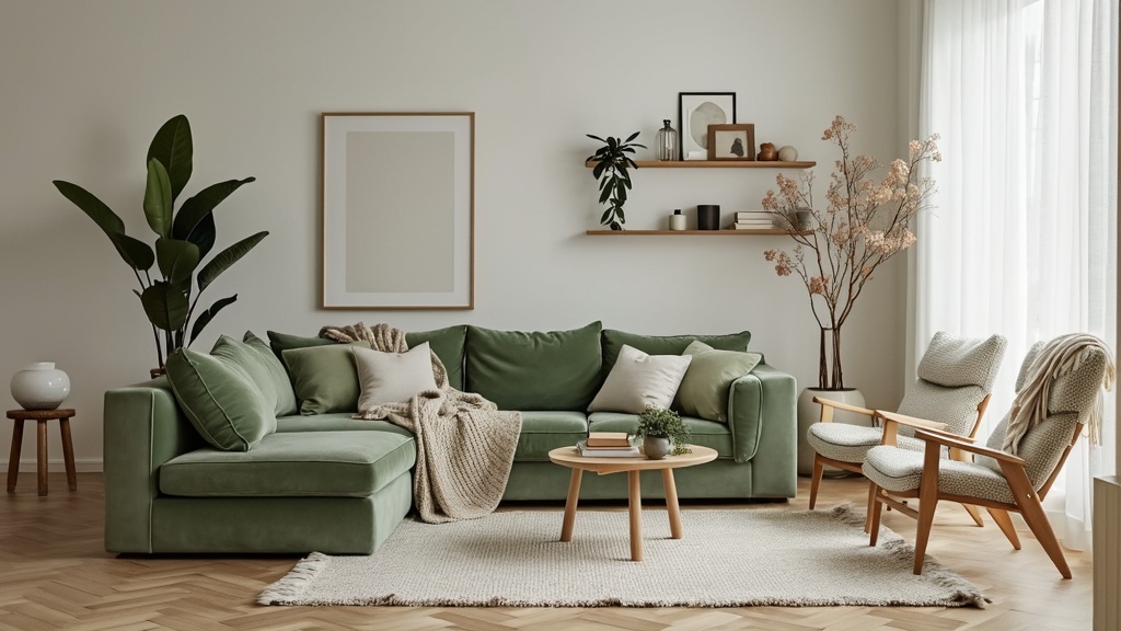 Scandinavian living room with moss green velvet sofa, wooden coffee table, and indoor plants for decor.