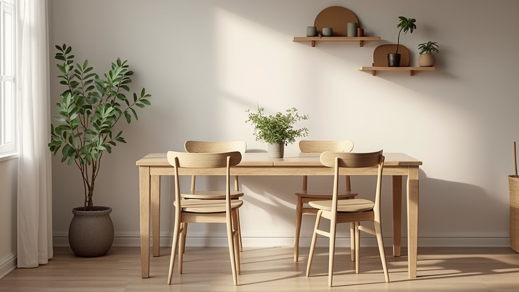 Light wood dining table with minimalist chairs, neutral palette, simple greenery, and natural decor elements.