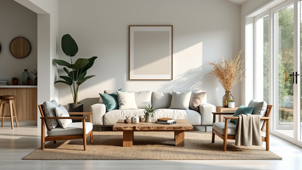Scandinavian rustic living room with white walls, light wood accents, cozy sofa, and natural light.