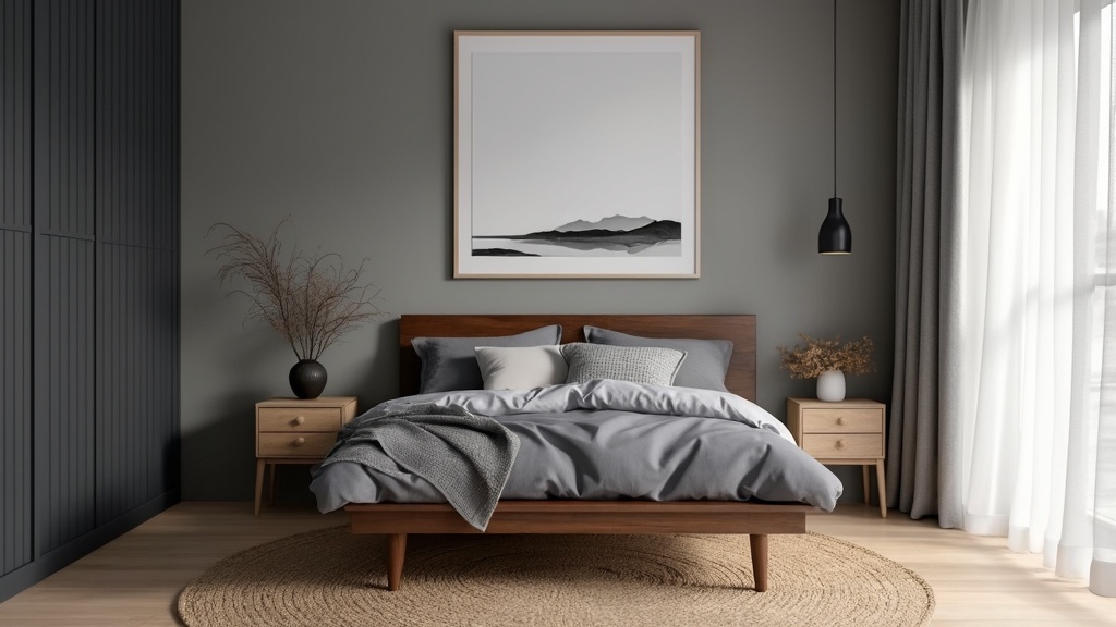 Scandinavian black and grey bedroom with minimal decor, cozy bed, natural materials, and serene ambiance.