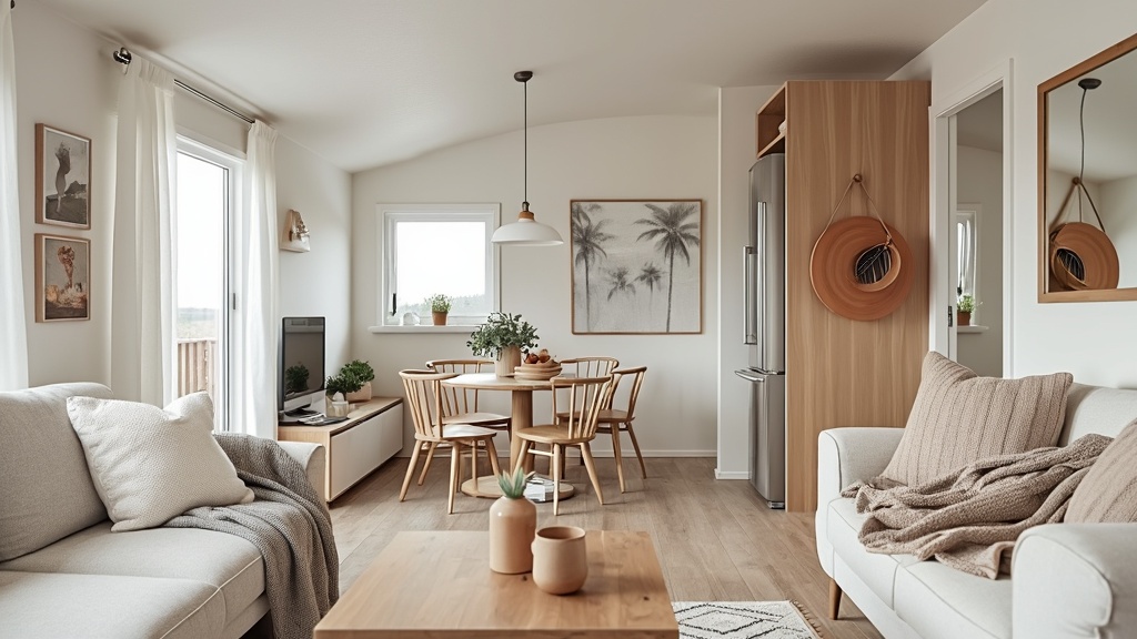 Scandinavian minimalist living room with light colors, elegant sofa, warm woods, and cozy textiles.